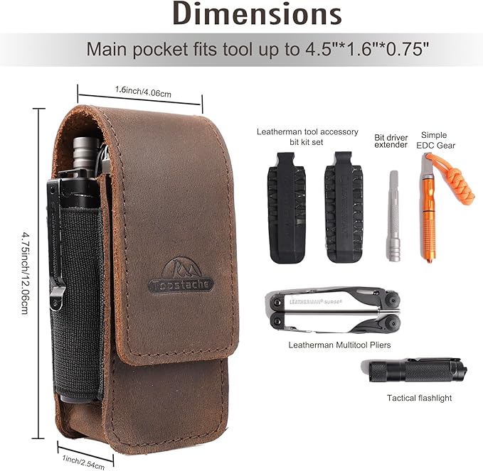 Topstache Leather Multitool Sheath for Belt - Multitool Holster for Belt - Multitool Pouch Fits Folding Tool - Magnetic Closure EDC Belt Organizer - EDC Belt Pouch - Multitool Holder, DarkBrown