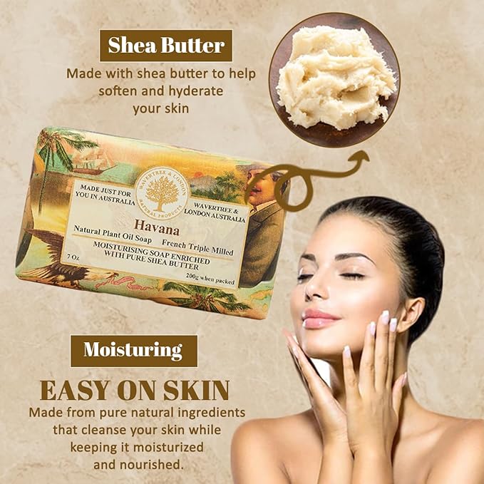 Wavertree & London Havana Scented Natural Soap (2 Bars), 7oz Moisturizing French Triple Milled Soap Bars enriched with shea butter - Pure Plant Based Bath & Body Bars for All Skin Types
