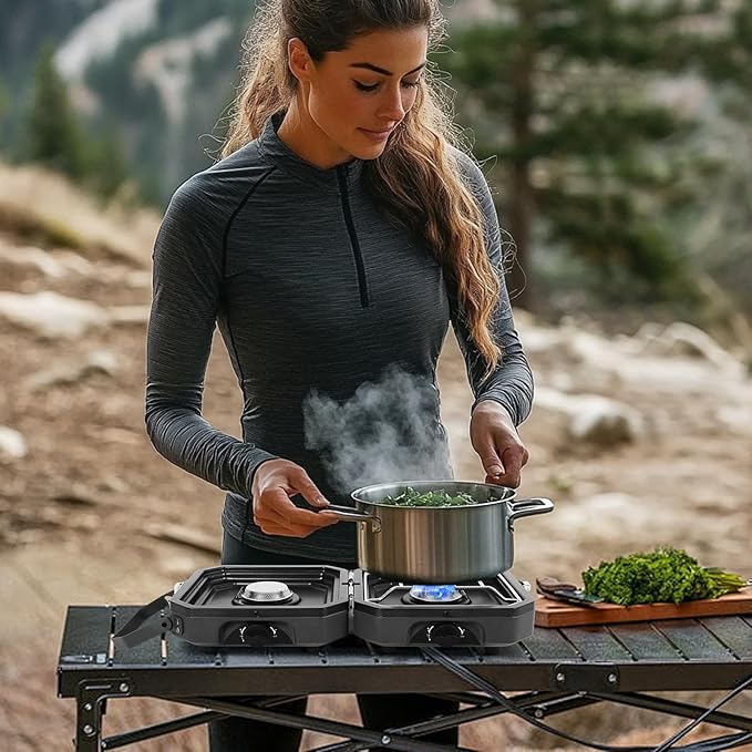 Adjustable 2-Burner Portable Stove with 16000 BTU, with Camping Grill and Carrying Bag, Portable Propane Camp Stove with 2 Burners & Piezo Ignition for Camping, Backyard BBQ,Tailgating (Black)
