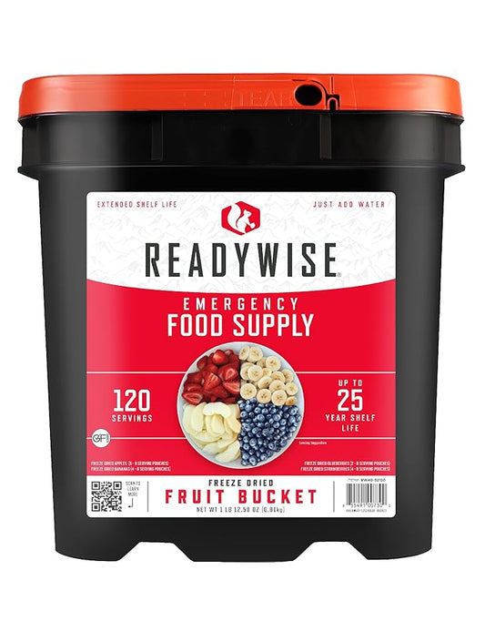 ReadyWise Emergency Food Supply - 120 Servings Fruit Bucket, Nutritious Meals, Dehydrated & Freeze Dried Food for Backpacking, Camping Essentials & Disaster Prepping Supplies, up to 25 Year Shelf Life