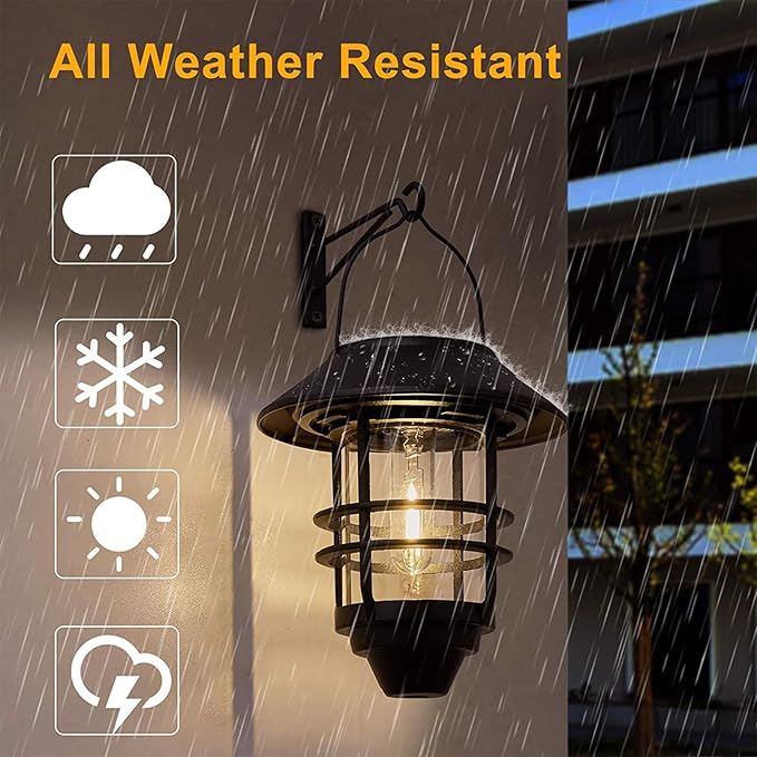 2 Pack Solar Lights Outdoor Lanterns,Waterproof Hanging Solar Lights Lantern Glass Metal with Wall Mount Kit, Garden Lanterns Solar Powered for Outdoor, Fence, Front Porch Exterior Lighting