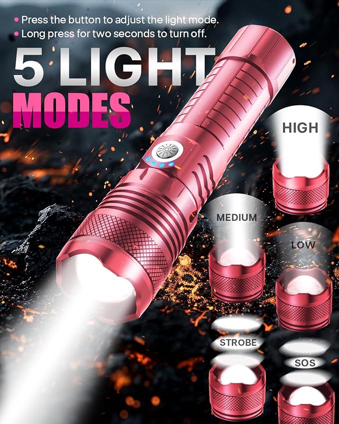 Victoper Pink LED Flashlights, High Powered High Lumens Super Bright Tactical Flashlight, Rechargeable, 5 Modes Zoomable Waterproof Flash Lights for Emergency, Home, Camping, Hiking