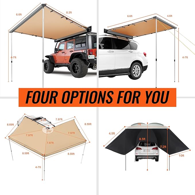 VEVOR Vehicle Awning 4.6'x6.6' Roof Rack Pull-Out Sun Shade UV50+ PU3000mm, Retractable Weatherproof 4x4 Side Awning for SUV Outdoor Camping & Overland (Hardware Included), w/Waterproof Storage Bag
