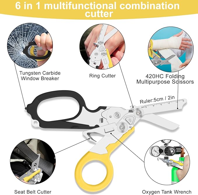 6 in 1 trauma shears, folding emergency shear, Outdoor Camping Tools, Seat Belt Cutter, Oxygen Cylinder Wrench, Complimentary Adjustable Wrench (Black Yellow)