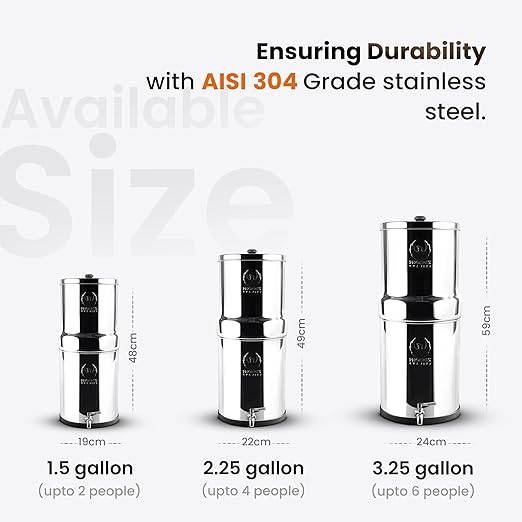 2.25 Gallons NSF Certified AISI 304 Stainless Steel Water Filter with 2 Smart Carbon (Black) Filters, 2 POSTreat Steel Fluoride Removal Elements, Free Water Spigot & Teak Wood Stand