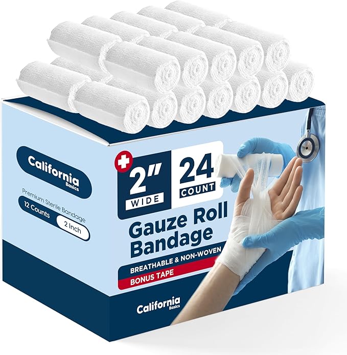 California Basics 24-Pack Gauze Bandage Roll with Tape, 2 Inches x 4 Yards - Soft, Stretchable & Breathable Wrap for Wound Care, First Aid & Medical Supplies - White