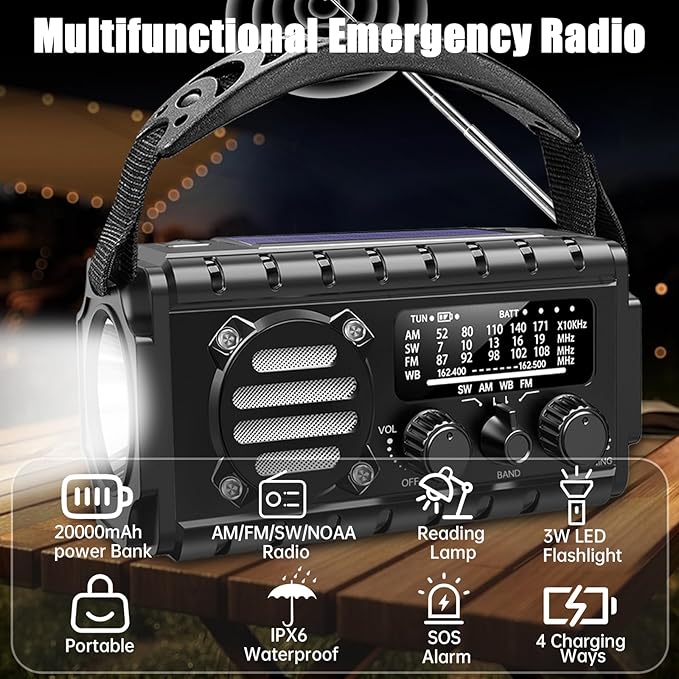 20000mah Emergency Radio, SW/NOAA/AM/FM Weather Radio, Solar Powered Hand Crank Chager with Bige Batery Powered,Portable,Cellphone Charge,SOS,Flashlight for Emergency/Home (Black)
