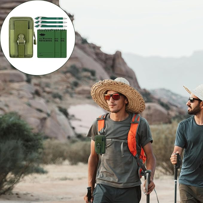 7 Piece Waterproof Notebook, 3 X 5 Inch waterproof notebook and pen with Waterproof Multi Functional Waist Pack for Outdoor Activities Recording (Army Green)