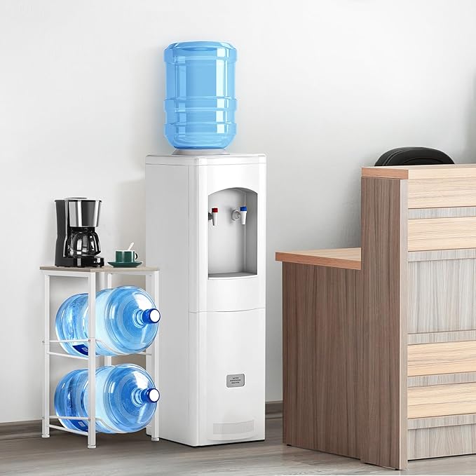 5 Gallon Water Bottle Holder Rack 2 Tier Water Jug Holder Stand with Storage Shelf, 2 Slots 5 Gal Water Cooler Jug Rack for Home, Office, Garage Organizer, Light Grey