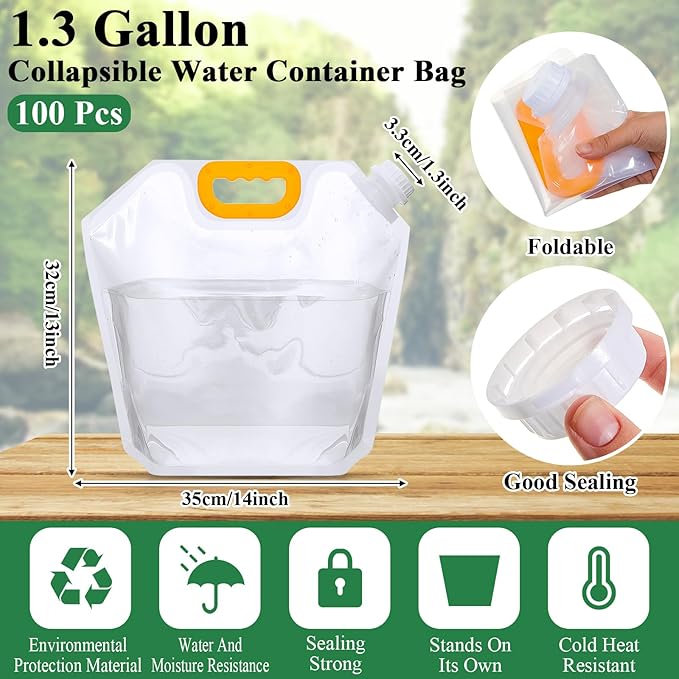 1.3 Gallon Collapsible Water Storage Bag Emergency Jug Container Clear Plastic Water Bladder for Outdoor Sport Camping Hiking No Leak, Freezable, Odorless, Flat Folding (No Scale)