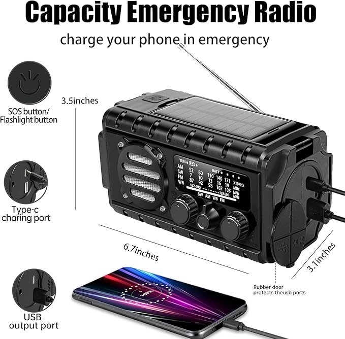 20000mah Hand Crank Emergency Radio,SW/NOAA/AM/FM Weather Radio, Solar Powered Hand Crank Chager with Bige Batery Powered,Portable,Cellphone Charge,SOS,Flashlight for Emergency/Home (Black)