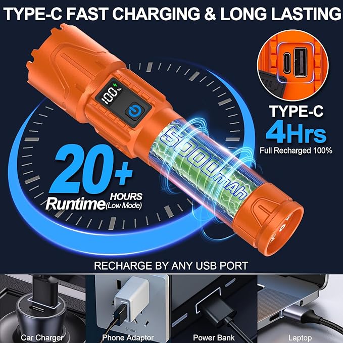 Rechargeable Flashlights High Lumens - Super Bright LED Tactical Flash Light, Powerful Waterproof Handheld USB C Flashlight for Camping,Emergencies,Home,5 Modes,Zoomable (1, Orange)