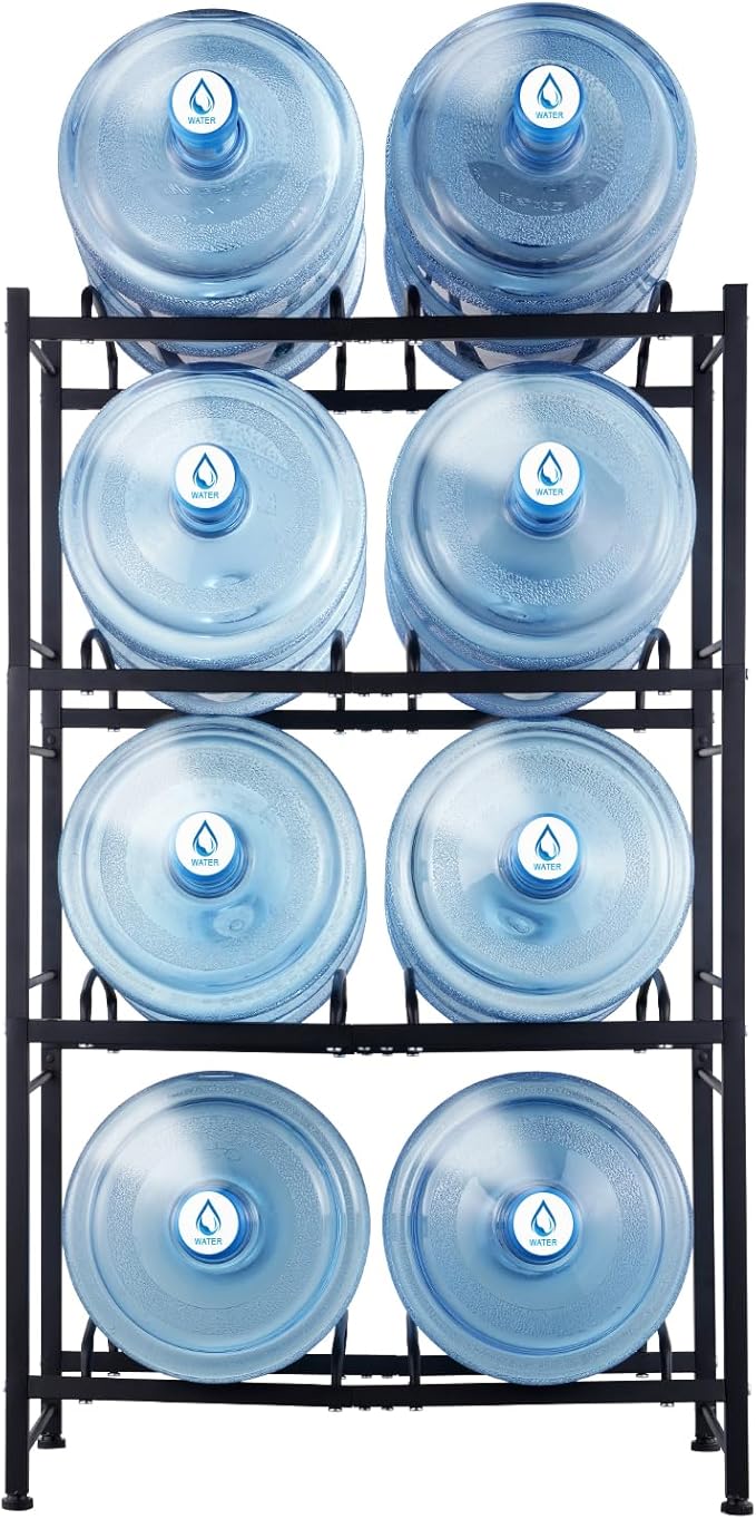 VEVOR 5 Gallon Water Jug Holder, 4 Tiers Double Row Heavy Duty Water Bottle Rack with 8 Slots, Detachable Water Jug Stand for Kitchen, Office, Living Room- Black