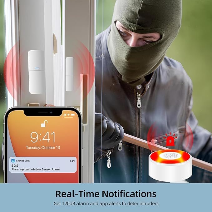 WiFi Alarm System, Smart Home Alarm System Wireless 9 Piece-kit, DIY Alarm System, Door Window Sensor, Motion Sensor, Remote, Keypad, Work with Alexa, for House, Apartment Security by GRSICO 2nd Gen