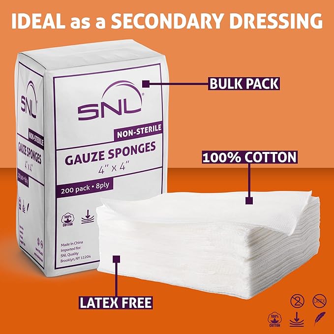 All-Purpose Gauze - 4" X 4" - Box of 400 - by SNL Quality, Non-Sterile, Latex Free, Gauze Sponge Pads, 8 Ply - (2x 200 Packs Inside), Ideal for First Aid, Beauty Applicator, Absorbent Dressing Bandage