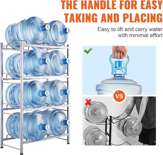 VEVOR 5 Gallon Water Jug Holder, 4 Tiers Double Row Heavy Duty Water Bottle Rack with 8 Slots, Detachable Water Jug Stand for Kitchen, Office, Living Room- Silver
