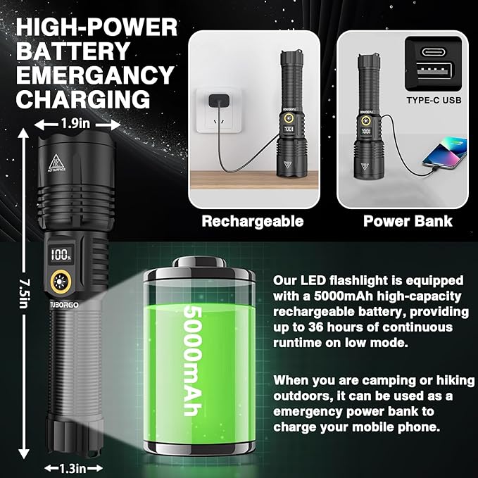 Rechargeable Flashlights 2200 High lumens, Super Bright LED Tactical Flashlight, Zoomable, IPX6 Waterproof, 6 Modes, Powerful Handheld Flash Light for Emergencies, Camping, Hiking