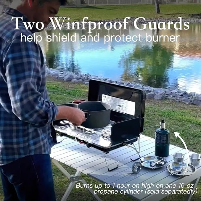 Camping Stove, 2 Burners Portable Propane camp Stove with Regulator, Integrated Igniter & Stainless Steel Drip Tray & Built-in Handle & Foldable Legs for Outdoor Cooking and Travel-20000 BTU