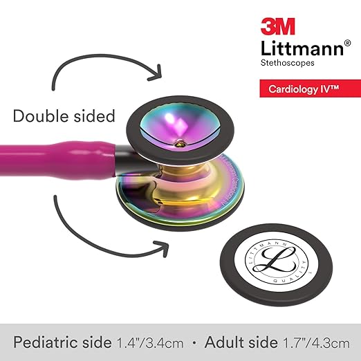 3M Littmann Cardiology IV Diagnostic Stethoscope, 6241, More Than 2X as Loud, Weighs Less, Stainless Steel High Polish Rainbow-Finish Chestpiece, 27" Raspberry Tube, Smoke Stem, and Headset
