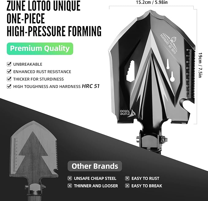 Zune Lotoo Tactical Shovel Survival Tool, 18 in 1 Small Camping Shovel Folding Multitool Compact Entrenching Tool Heavy Duty for Hiking Backpack Emergency Spade Lightweight Car Truck Gift Survivalist