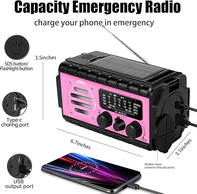74000mWh Emergency Radio with NOAA Weather, Portable Hand Crank SW/AM/FM Survival Radio with Fast Charge Rechargeable Solar Battery, Flashlight, Reading Lamp,SOS Sirenor Home Outdoor(Pink)