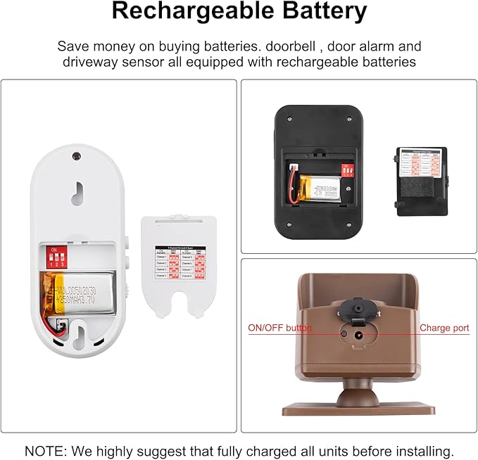 Wireless Alarm System for Home Security Expandable - 6-Piece Kit Include Doorbell, Door Alarm, and Solar Driveway Alarm - Chime/Sensitivity Adjustable NO Wi-Fi NO Monthly Fee With Rechargeable Battery