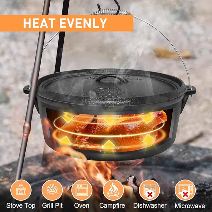 Camping Dutch Oven, 9 Qt Pre-Seasoned Camping Cookware Pot with Lid - Lid Lifter, Cast Iron Dutch Oven with Metal Handle for Cooking BBQ Baking Campfire Modern Black