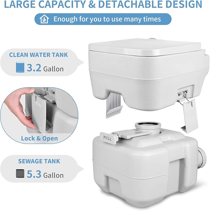 YITAHOME Portable Toilet, Camping Toilet, Travel RV Toilet, 5.3 Gallon Detachable Waste Tank, Double Water Spouts for Camping, Hiking, Hunting, Boating, Gray