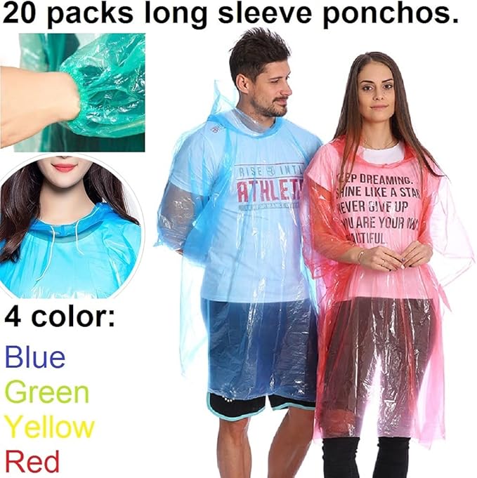 Rain Ponchos for Adults Disposable Poncho for Disney World 20 Pack Panchos Rain Adult Bulk Emergency Waterproof Plastic Raincoat with Hood Lightweight Pocket Camping Throw Away Men Women Compact Pncho