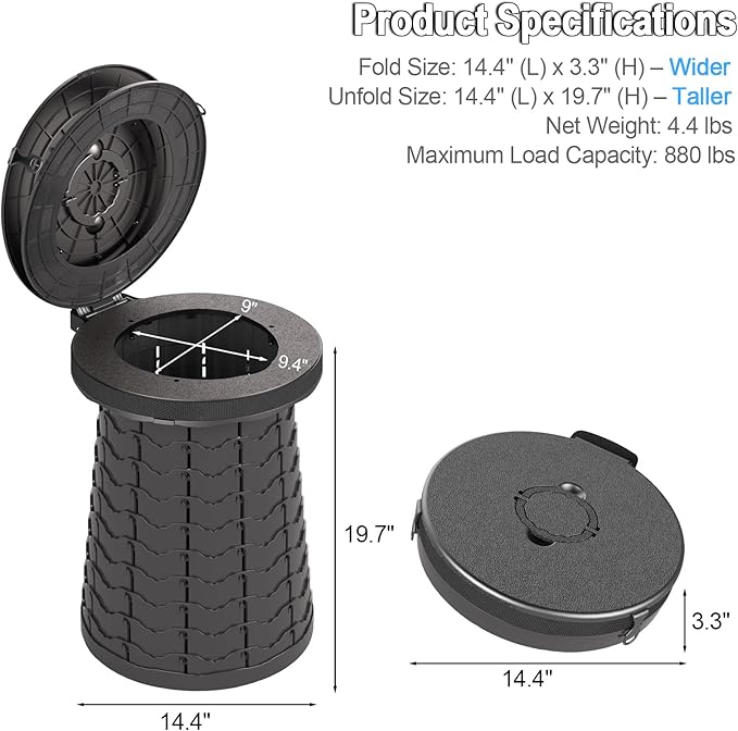 XXL Heavy Duty Portable Toilet for Adults - 880lbs Capacity, Adjustable Height up to 19.7", Collapsible Dual-Use Toilet & Stool for Camping, Truck Drivers, Construction Sites