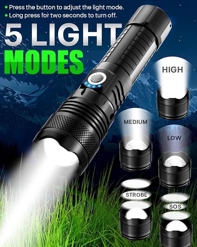 Victoper LED Flashlights, High Powered High Lumens Super Bright Tactical Flashlight, Rechargeable, 5 Modes Zoomable Waterproof Flash Lights for Emergency, Outdoor, Home, Camping, Hiking