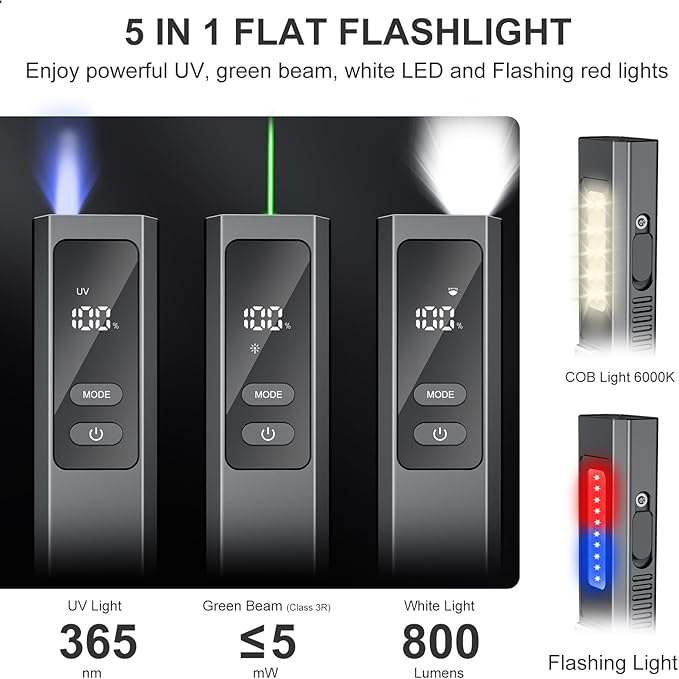 5 in 1 PRO EDC Flashlight Flat with Green Beam, UV Light, 800LM White Light LED Combo, Portable Pocket Flash Lights with Magnet for Outdoors Emergency and Work(Black)
