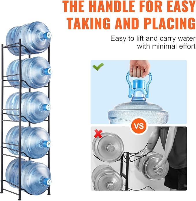 VEVOR 5 Tiers Water Jug Holder, 5 Gallon Water Bottle Holder, Single Row Water Bottle Rack for 5 Bottles, Heavy Duty Water Jug Rack for Kitchen, Office, Living Room, Black