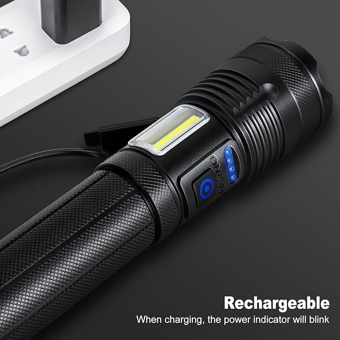 Rechargeable Flashlights 90000 High Lumen, 10000 ɱAh ΒATTERY LED Flashlight with Cob-Light for Home, Super Bright Flash Light 7 Modes, IPX7 Waterproof for Outdoor Camping