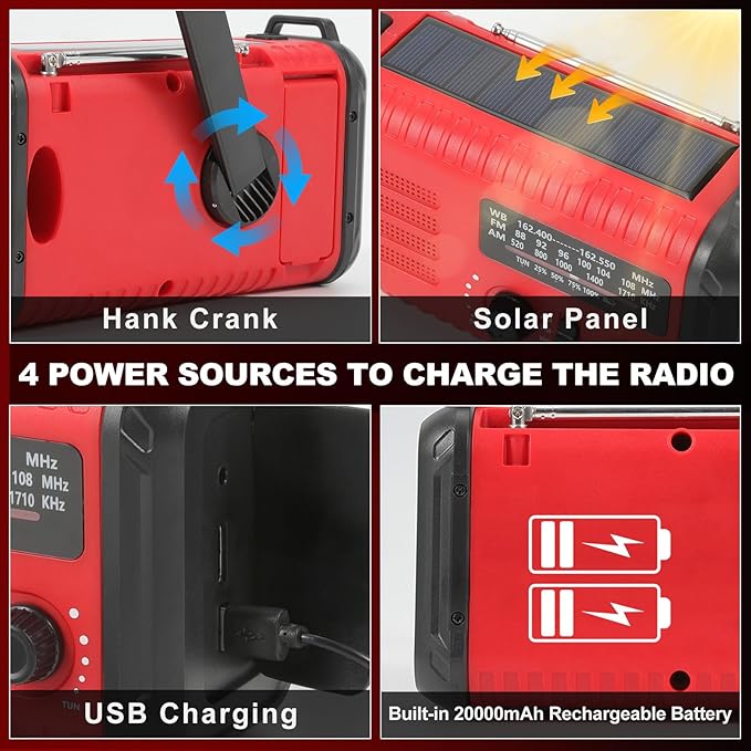 20000mAh/74000mWh Emergency Hand Crank Radio, NOAA Weather Radio with Am Fm NOAA, Solar Battery Operated Radios with Flashlight Cell Phone Charger, SOS Alarm, Compass &Reading lamp (Red)