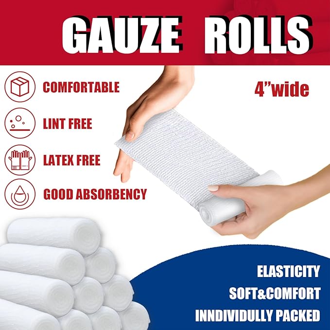 24 Pack Gauze Rolls Bandages 4 ” x 4.1 yd Premium Quality Lint and Latex-Free Conforming Stretch Designed for Wound Care for Wound Dressing Support(Ideal for Home and car First aid Kits)