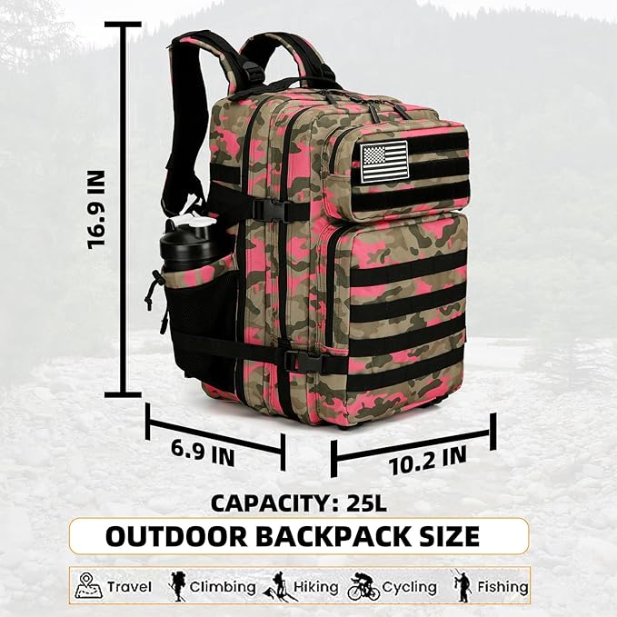 25L Tactical Backpack for Men Women Military Backpack Army Assault Pack Molle Backpack Small Bug Out Bag Travel Rucksack Daypack (Pink Camo)