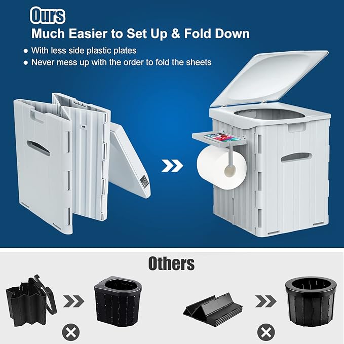 XL Portable Toilet for Adults, 15.4" H Foldable Camping Toilet with Detachable Phone Shelf and Toilet Paper Holder, Waterproof Porta Potty with Lid for Hiking, Long Road Trips, Car