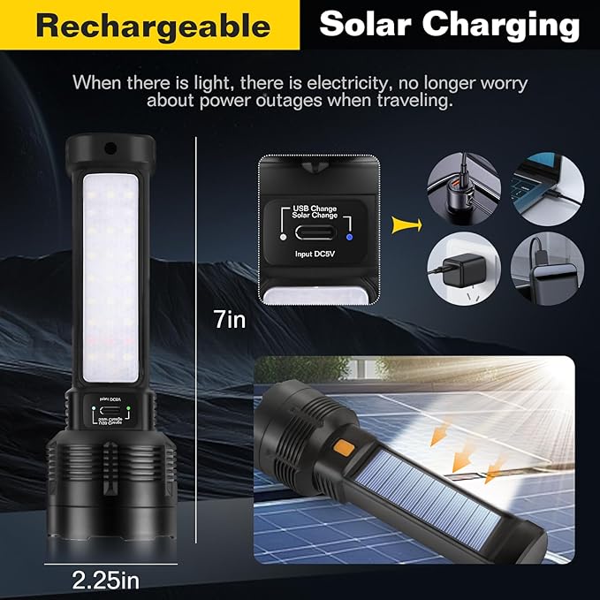 2 Pack LED Rechargeable Flashlight - 20000 Lumens Super Bright Tactical Flash Light, Compact & Waterproof, Long-Lasting Battery, Solar Flashlights for Home, Camping,Hiking, Emergencies, Adventures