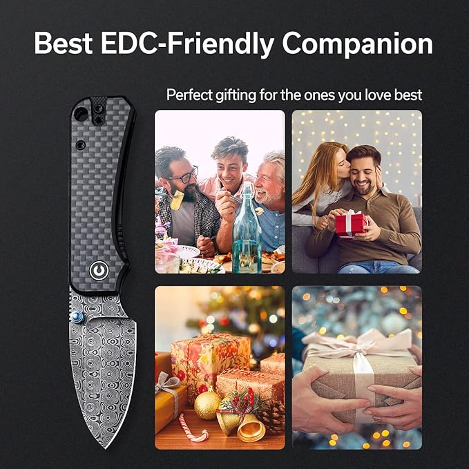 CIVIVI Small Pocket Knife for EDC, Ben Petersen Folding Knife Baby Banter with 2.34" Damascus Blade Carbon Fiber Overlay on G10 Handle, Titanium Thumb Stud Opener C19068S-DS1