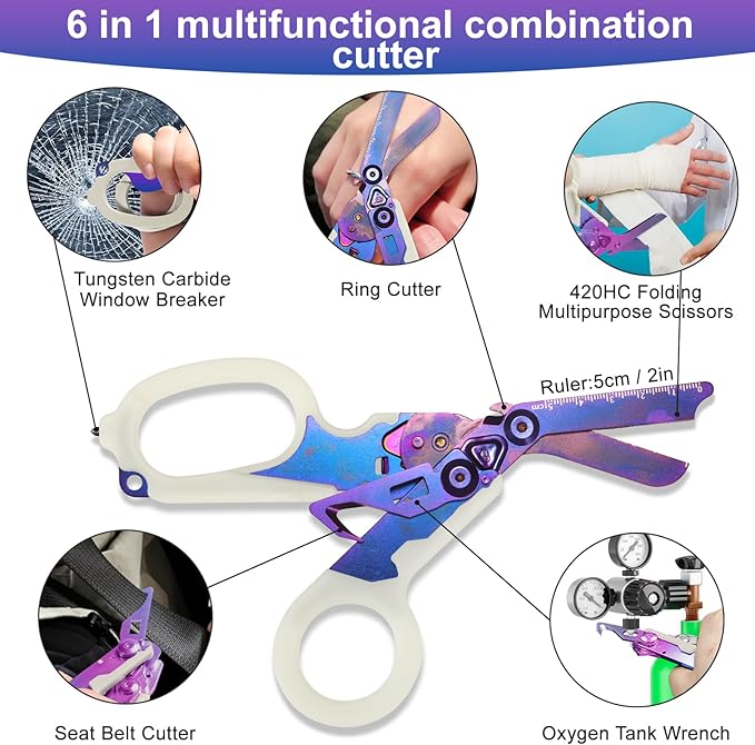 6 in 1 trauma shears, folding emergency shear, Outdoor Camping Tools, Seat Belt Cutter, Oxygen Cylinder Wrench, Complimentary Adjustable Wrench (Luminous Purple)
