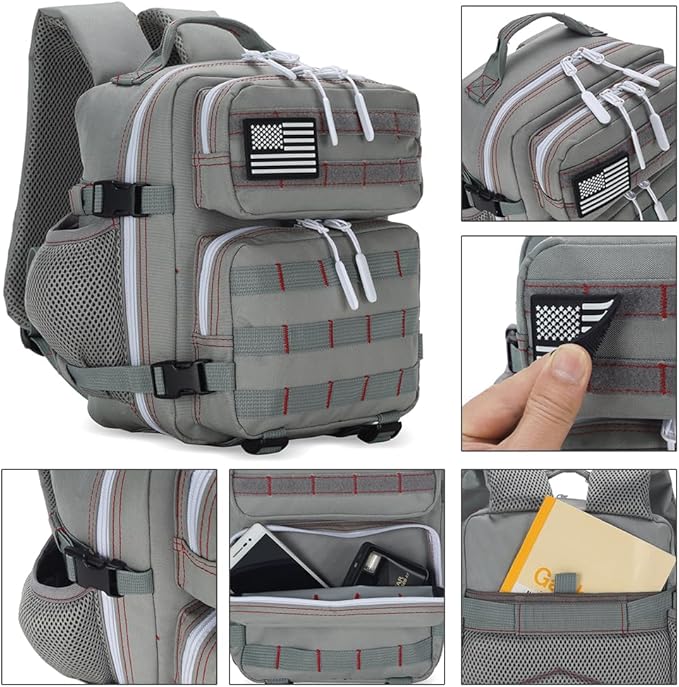 9L Mini Tactical Backpack for Men and Women, Tactical Backpack Small for Hiking, Small Tactical Bag(Grey Red)