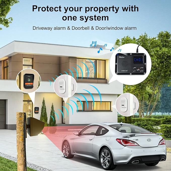 Wireless Alarm System for Home Security Expandable - 6-Piece Kit Include Doorbell, Door Alarm, and Solar Driveway Alarm - Chime/Sensitivity Adjustable NO Wi-Fi NO Monthly Fee With Rechargeable Battery