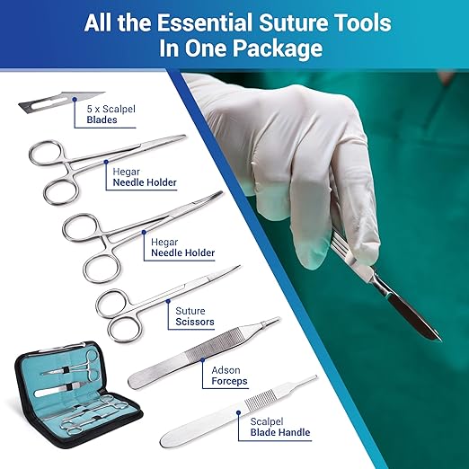 Alcedo Suture Practice Kit for Medical Students, Complete Set (32 Pieces) Include Durable Regular Suturing Pad with Pre-Cut Wounds, Tools Kit, and Suture Threads, Perfect for Practice and Education