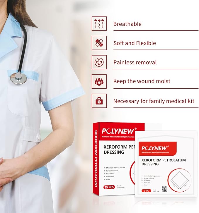 Xeroform Petrolatum Dressing 4"x4", 25 PCS Non-Adherent Gauze for Low Exudating Wounds, Fine Mesh Gauze Pads for Burns, Abrasions, Lacerations, Skin Grafts and Surgical Incisions