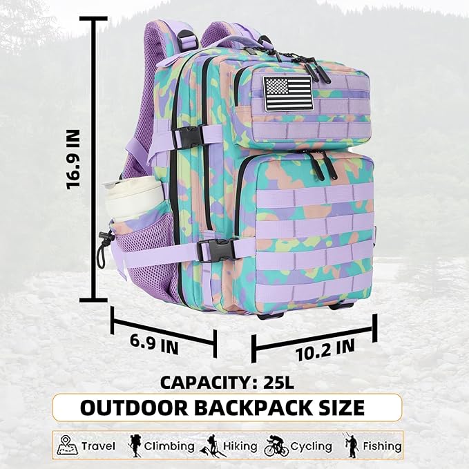 25L Tactical Military Backpack Small Travel Backpack for Men and Women Assault Pack Bug Out Bag Molle Daypack Gym Backpack with Bottle Holder (Color Camo)