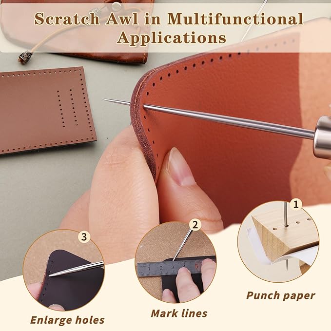 ZXIIXZ 3 Pack Leather Scratch Awl Tool, Awl Tool Sewing with Gourd Shape Wooden Handle for Stitching Punching Sewing, Scratch Awl Tool Supplies for DIY Leather Sewing Punching Craft Repair
