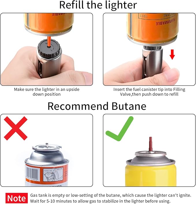 Butane Lighter Torch Long Lighter Refillable Adjustable Jet Flame Lighter Windproof Flexible with Visual Fuel Window Blow Torch for Stove BBQ Grill Fireplace Camping Kitchen (No Gas Include) - Grey