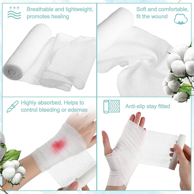 Treela 100 Rolls Gauze Bandage, 2 in x 5 Yards, Elastic Bandages Individual Packaging Sterile Non Latex First Aid Pads Medical Breathable Gauze Roll Wrap for Safety Wound Caring and Supplies