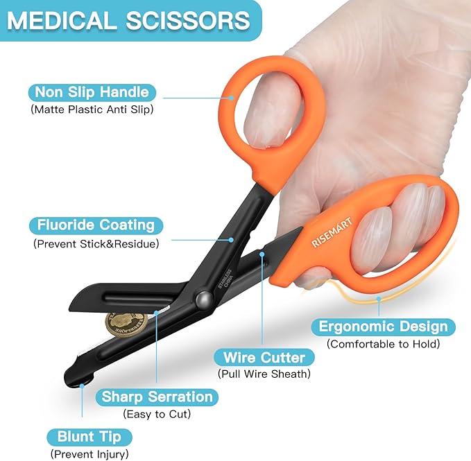 Trauma Shears - RISEMART Medical Scissors Bandage Scissors for Nurses, 7.5" Fluoride Coated Non-stick Blades Stainless Steel Nursing scissors for Doctor, Nurses, Nursing Students, EMS Green+Orange